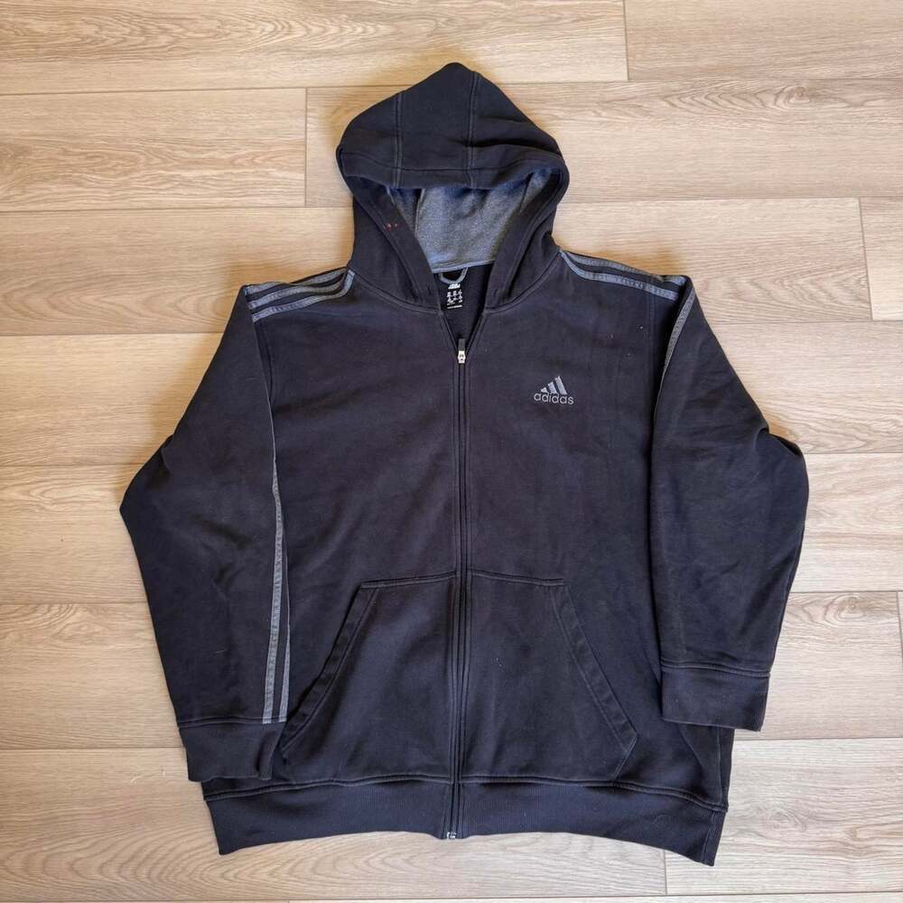 Adidas Black Gray 3 Stripes Full Zip Fleece Hoodie Men’s 2XL